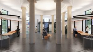 Réalisation CGI du musée Guimet - intégration de visiteurs dans une salle spacieuse aux multiples colonnes